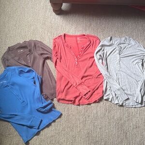 Women's Long Sleeve Henley Tops - Coral, Blue, Gray, Brown